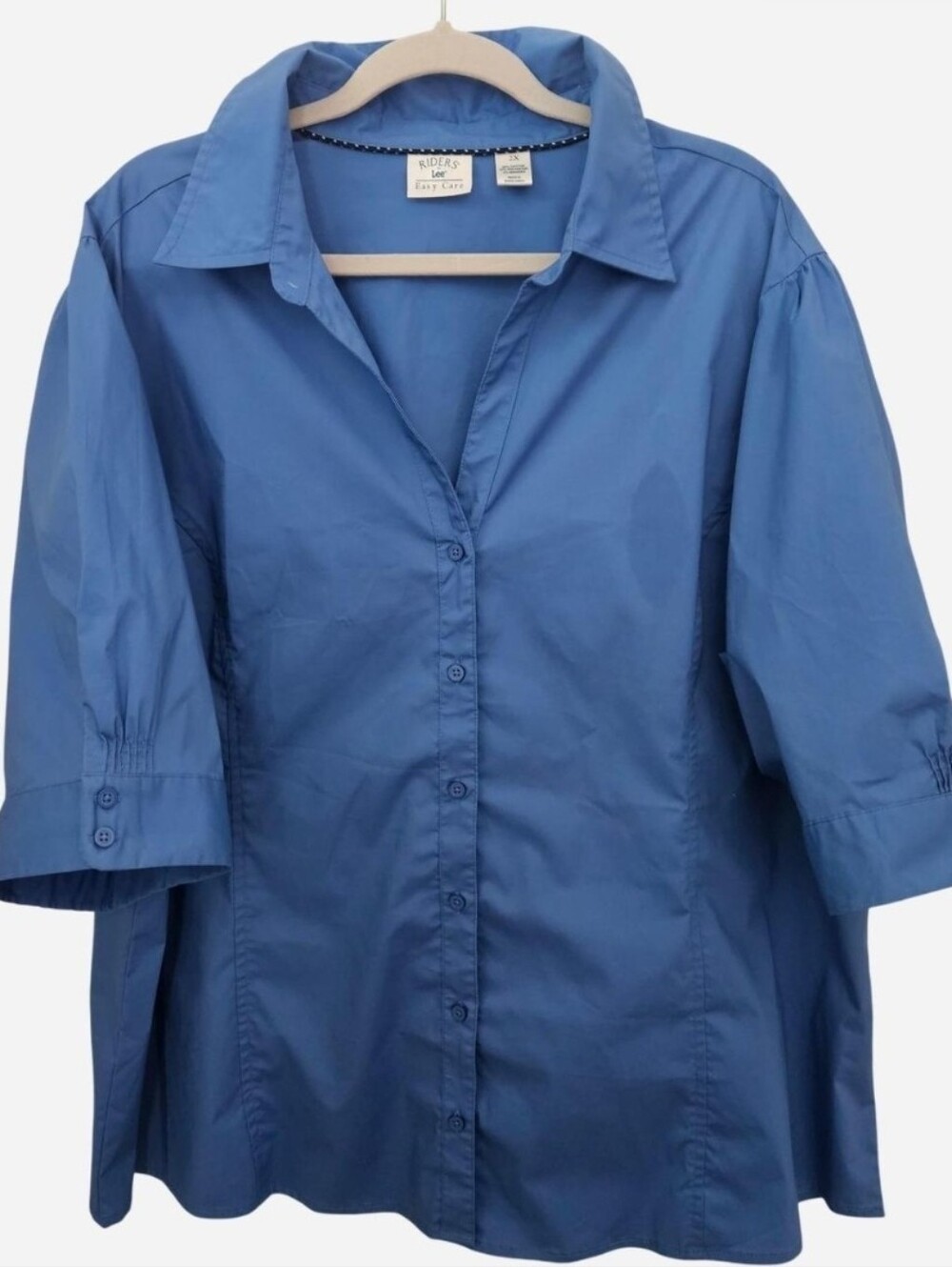 Riders by Lee Easy Care Blue Button Up Shirt 2X Plus Size 3/4 Ruched Sleeve